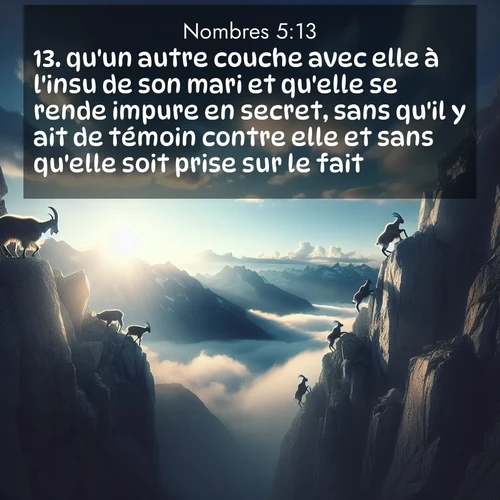 Segond21 Nombres  ; image nature: image avec le verset biblique :qu&#039;un autre couche avec elle à l&#039;insu de son mari et qu&#039;elle se rende impure en secret, sans qu&#039;il y ait de témoin contre elle et sans qu&#039;elle soit prise sur le fait; ;  ; 5:13
