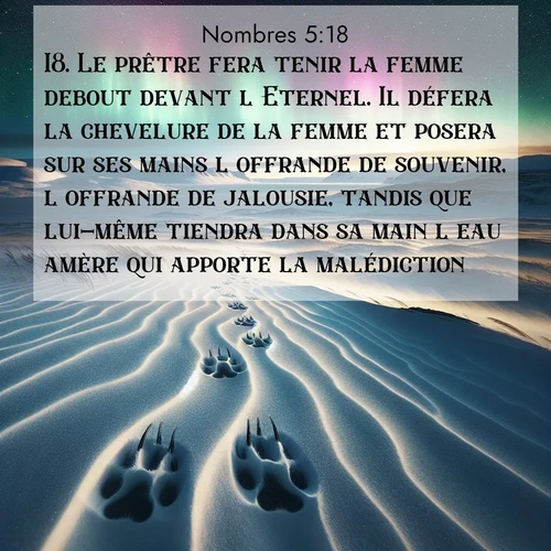 Segond21 Nombres  ; image nature: image avec le verset biblique :Le prêtre fera tenir la femme debout devant l&#039;Eternel. Il défera la chevelure de la femme et posera sur ses mains l&#039;offrande de souvenir, l&#039;offrande de jalousie, tandis que lui-même tiendra dans sa main l&#039;eau amère qui apporte la malédiction. ;  ; 5:18