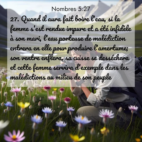 Segond21 Nombres  ; image nature: image avec le verset biblique :Quand il aura fait boire l&#039;eau, si la femme s&#039;est rendue impure et a été infidèle à son mari, l&#039;eau porteuse de malédiction entrera en elle pour produire l&#039;amertume; son ventre enflera, sa cuisse se desséchera et cette femme servira d&#039;exemple dans les malédictions au milieu de son peuple. ;  ; 5:27