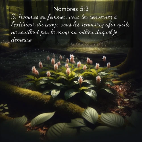 Segond21 Nombres  ; image nature: image avec le verset biblique :Hommes ou femmes, vous les renverrez à l&#039;extérieur du camp, vous les renverrez afin qu&#039;ils ne souillent pas le camp au milieu duquel je demeure.» ;  ; 5:3