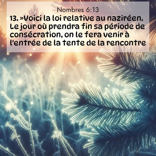Segond21 Nombres  ; image nature: image avec le verset biblique :»Voici la loi relative au naziréen. Le jour où prendra fin sa période de consécration, on le fera venir à l&#039;entrée de la tente de la rencontre. ;  ; 6:13