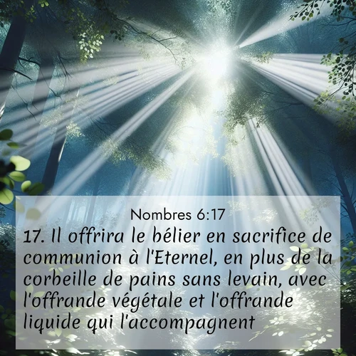 Segond21 Nombres  ; image nature: image avec le verset biblique :Il offrira le bélier en sacrifice de communion à l&#039;Eternel, en plus de la corbeille de pains sans levain, avec l&#039;offrande végétale et l&#039;offrande liquide qui l&#039;accompagnent. ;  ; 6:17