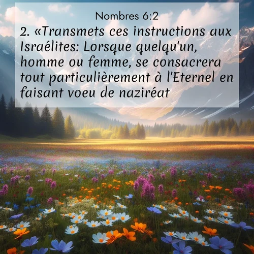 Segond21 Nombres  ; image nature: image avec le verset biblique :«Transmets ces instructions aux Israélites: Lorsque quelqu&#039;un, homme ou femme, se consacrera tout particulièrement à l&#039;Eternel en faisant voeu de naziréat, ;  ; 6:2