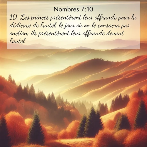 Segond21 Nombres  ; image nature: image avec le verset biblique :Les princes présentèrent leur offrande pour la dédicace de l&#039;autel, le jour où on le consacra par onction; ils présentèrent leur offrande devant l&#039;autel. ;  ; 7:10