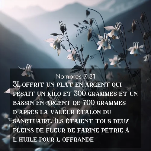 Segond21 Nombres  ; image nature: image avec le verset biblique :offrit un plat en argent qui pesait un kilo et 300 grammes et un bassin en argent de 700 grammes d&#039;après la valeur étalon du sanctuaire. Ils étaient tous deux pleins de fleur de farine pétrie à l&#039;huile pour l&#039;offrande. ;  ; 7:31