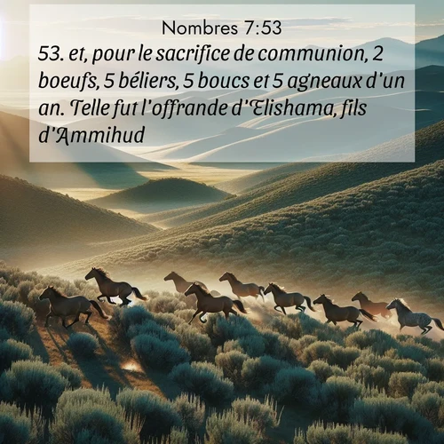 Segond21 Nombres  ; image nature: image avec le verset biblique :et, pour le sacrifice de communion, 2 boeufs, 5 béliers, 5 boucs et 5 agneaux d&#039;un an. Telle fut l&#039;offrande d&#039;Elishama, fils d&#039;Ammihud. ;  ; 7:53