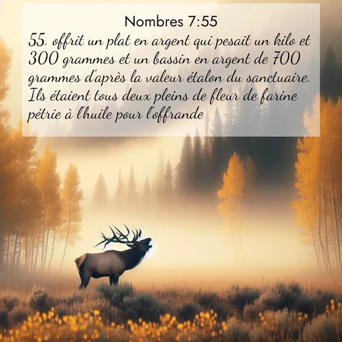 Segond21 Nombres  ; image nature: image avec le verset biblique :offrit un plat en argent qui pesait un kilo et 300 grammes et un bassin en argent de 700 grammes d&#039;après la valeur étalon du sanctuaire. Ils étaient tous deux pleins de fleur de farine pétrie à l&#039;huile pour l&#039;offrande. ;  ; 7:55