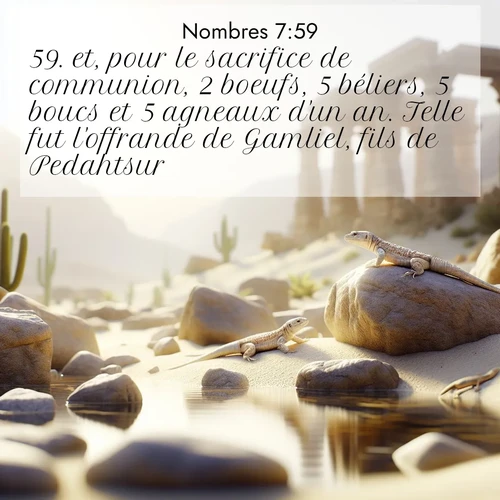 Segond21 Nombres  ; image nature: image avec le verset biblique :et, pour le sacrifice de communion, 2 boeufs, 5 béliers, 5 boucs et 5 agneaux d&#039;un an. Telle fut l&#039;offrande de Gamliel, fils de Pedahtsur. ;  ; 7:59