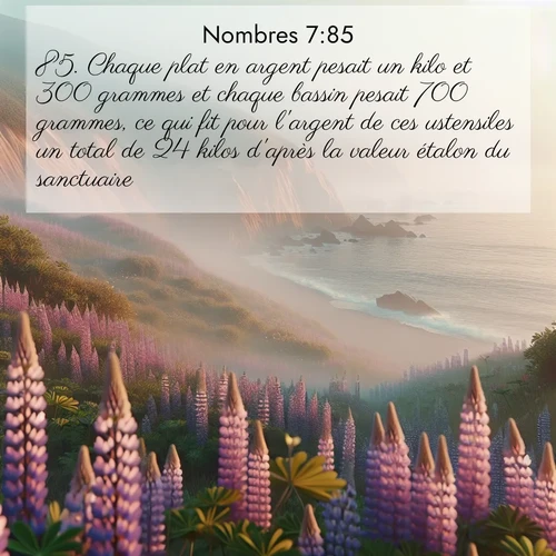 Segond21 Nombres  ; image nature: image avec le verset biblique :Chaque plat en argent pesait un kilo et 300 grammes et chaque bassin pesait 700 grammes, ce qui fit pour l&#039;argent de ces ustensiles un total de 24 kilos d&#039;après la valeur étalon du sanctuaire. ;  ; 7:85