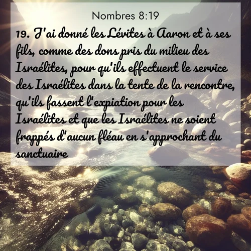 Segond21 Nombres  ; image nature: image avec le verset biblique :J&#039;ai donné les Lévites à Aaron et à ses fils, comme des dons pris du milieu des Israélites, pour qu&#039;ils effectuent le service des Israélites dans la tente de la rencontre, qu&#039;ils fassent l&#039;expiation pour les Israélites et que les Israélites ne soient frappés d&#039;aucun fléau en s&#039;approchant du sanctuaire.» ;  ; 8:19