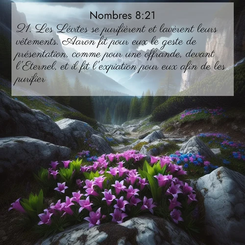 Segond21 Nombres  ; image nature: image avec le verset biblique :Les Lévites se purifièrent et lavèrent leurs vêtements. Aaron fit pour eux le geste de présentation, comme pour une offrande, devant l&#039;Eternel, et il fit l&#039;expiation pour eux afin de les purifier. ;  ; 8:21