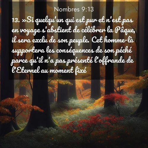 Segond21 Nombres  ; image nature: image avec le verset biblique :»Si quelqu&#039;un qui est pur et n&#039;est pas en voyage s&#039;abstient de célébrer la Pâque, il sera exclu de son peuple. Cet homme-là supportera les conséquences de son péché parce qu&#039;il n&#039;a pas présenté l&#039;offrande de l&#039;Eternel au moment fixé. ;  ; 9:13