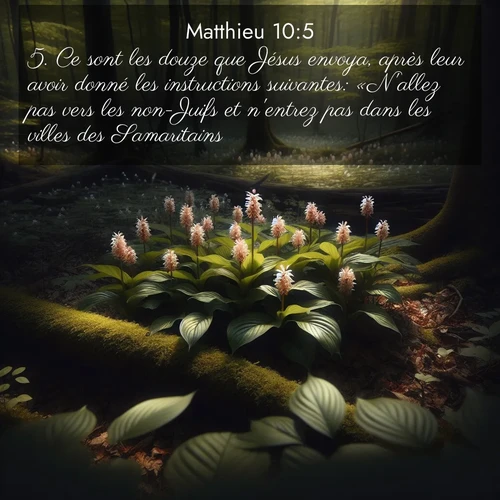 Segond21 Évangile selon Matthieu  ; image nature: image avec le verset biblique :Ce sont les douze que Jésus envoya, après leur avoir donné les instructions suivantes: «N&#039;allez pas vers les non-Juifs et n&#039;entrez pas dans les villes des Samaritains. ;  ; 10:5