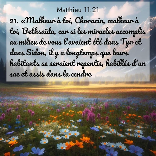 Segond21 Évangile selon Matthieu  ; image nature: image avec le verset biblique :«Malheur à toi, Chorazin, malheur à toi, Bethsaïda, car si les miracles accomplis au milieu de vous l&#039;avaient été dans Tyr et dans Sidon, il y a longtemps que leurs habitants se seraient repentis, habillés d&#039;un sac et assis dans la cendre. ;  ; 11:21