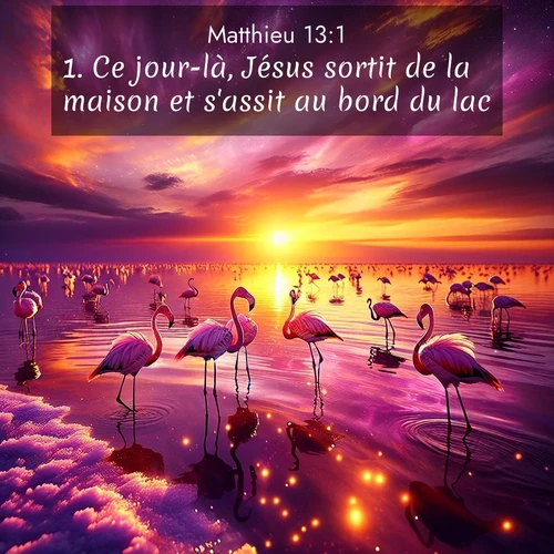 Segond21 Évangile selon Matthieu  ; image nature: image avec le verset biblique :Ce jour-là, Jésus sortit de la maison et s&#039;assit au bord du lac. ;  ; 13:1
