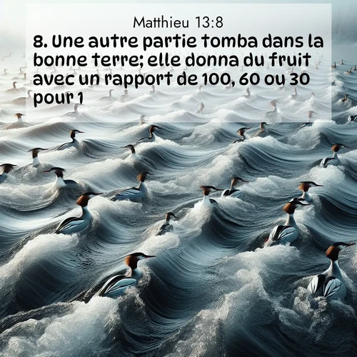 Segond21 Évangile selon Matthieu  ; image nature: image avec le verset biblique :Une autre partie tomba dans la bonne terre; elle donna du fruit avec un rapport de 100, 60 ou 30 pour 1. ;  ; 13:8
