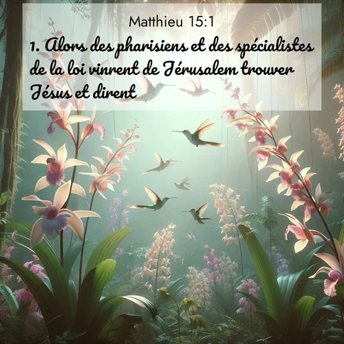 Segond21 Évangile selon Matthieu  ; image nature: image avec le verset biblique :Alors des pharisiens et des spécialistes de la loi vinrent de Jérusalem trouver Jésus et dirent: ;  ; 15:1