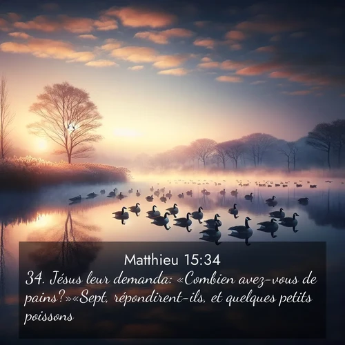 Segond21 Évangile selon Matthieu  ; image nature: image avec le verset biblique :Jésus leur demanda: «Combien avez-vous de pains?»«Sept, répondirent-ils, et quelques petits poissons.» ;  ; 15:34