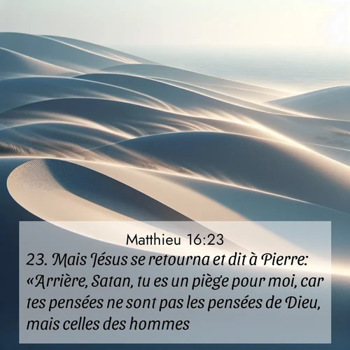 Segond21 Évangile selon Matthieu  ; image nature: image avec le verset biblique :Mais Jésus se retourna et dit à Pierre: «Arrière, Satan, tu es un piège pour moi, car tes pensées ne sont pas les pensées de Dieu, mais celles des hommes.» ;  ; 16:23