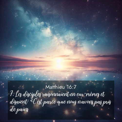 Segond21 Évangile selon Matthieu  ; image nature: image avec le verset biblique :Les disciples raisonnaient en eux-mêmes et disaient: «C&#039;est parce que nous n&#039;avons pas pris de pains.» ;  ; 16:7