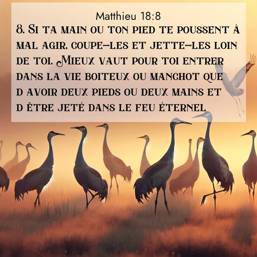 Segond21 Évangile selon Matthieu  ; image nature: image avec le verset biblique :Si ta main ou ton pied te poussent à mal agir, coupe-les et jette-les loin de toi. Mieux vaut pour toi entrer dans la vie boiteux ou manchot que d&#039;avoir deux pieds ou deux mains et d&#039;être jeté dans le feu éternel. ;  ; 18:8
