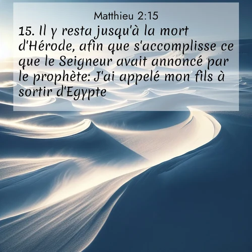 Segond21 Évangile selon Matthieu  ; image nature: image avec le verset biblique :Il y resta jusqu&#039;à la mort d&#039;Hérode, afin que s&#039;accomplisse ce que le Seigneur avait annoncé par le prophète: J&#039;ai appelé mon fils à sortir d&#039;Egypte. ;  ; 2:15