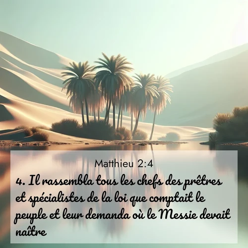 Segond21 Évangile selon Matthieu  ; image nature: image avec le verset biblique :Il rassembla tous les chefs des prêtres et spécialistes de la loi que comptait le peuple et leur demanda où le Messie devait naître. ;  ; 2:4