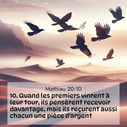 Segond21 Évangile selon Matthieu  ; image nature: image avec le verset biblique :Quand les premiers vinrent à leur tour, ils pensèrent recevoir davantage, mais ils reçurent aussi chacun une pièce d&#039;argent. ;  ; 20:10