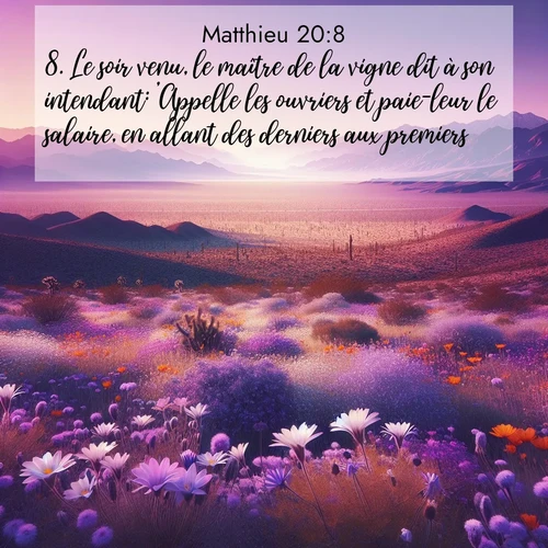 Segond21 Évangile selon Matthieu  ; image nature: image avec le verset biblique :Le soir venu, le maître de la vigne dit à son intendant: &#039;Appelle les ouvriers et paie-leur le salaire, en allant des derniers aux premiers.&#039; ;  ; 20:8