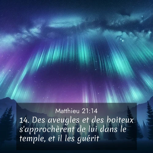 Segond21 Évangile selon Matthieu  ; image nature: image avec le verset biblique :Des aveugles et des boiteux s&#039;approchèrent de lui dans le temple, et il les guérit. ;  ; 21:14