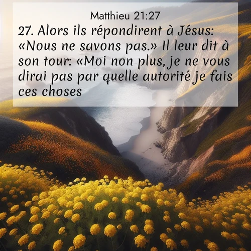 Segond21 Évangile selon Matthieu  ; image nature: image avec le verset biblique :Alors ils répondirent à Jésus: «Nous ne savons pas.» Il leur dit à son tour: «Moi non plus, je ne vous dirai pas par quelle autorité je fais ces choses. ;  ; 21:27