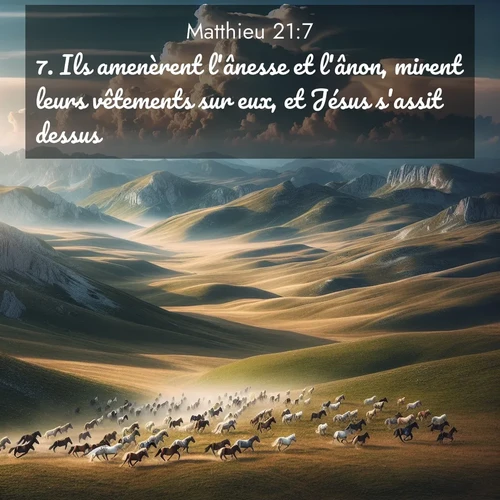 Segond21 Évangile selon Matthieu  ; image nature: image avec le verset biblique :Ils amenèrent l&#039;ânesse et l&#039;ânon, mirent leurs vêtements sur eux, et Jésus s&#039;assit dessus. ;  ; 21:7
