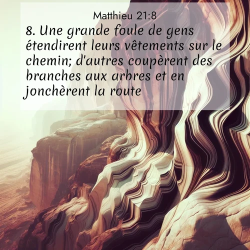 Segond21 Évangile selon Matthieu  ; image nature: image avec le verset biblique :Une grande foule de gens étendirent leurs vêtements sur le chemin; d&#039;autres coupèrent des branches aux arbres et en jonchèrent la route. ;  ; 21:8
