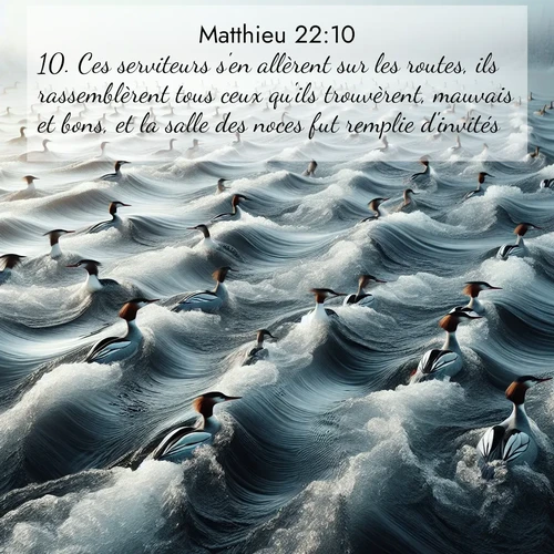 Segond21 Évangile selon Matthieu  ; image nature: image avec le verset biblique :Ces serviteurs s&#039;en allèrent sur les routes, ils rassemblèrent tous ceux qu&#039;ils trouvèrent, mauvais et bons, et la salle des noces fut remplie d&#039;invités. ;  ; 22:10