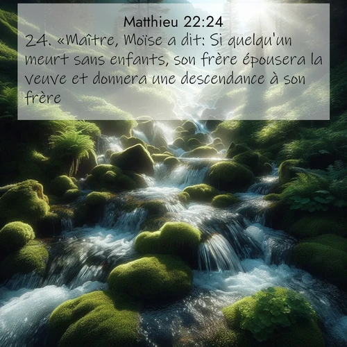 Segond21 Évangile selon Matthieu  ; image nature: image avec le verset biblique :«Maître, Moïse a dit: Si quelqu&#039;un meurt sans enfants, son frère épousera la veuve et donnera une descendance à son frère. ;  ; 22:24