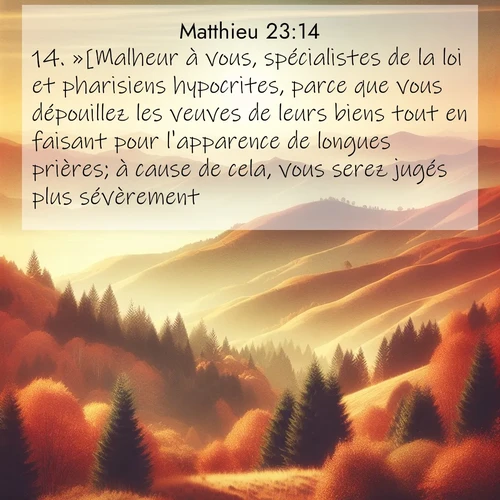 Segond21 Évangile selon Matthieu  ; image nature: image avec le verset biblique :»[Malheur à vous, spécialistes de la loi et pharisiens hypocrites, parce que vous dépouillez les veuves de leurs biens tout en faisant pour l&#039;apparence de longues prières; à cause de cela, vous serez jugés plus sévèrement.] ;  ; 23:14