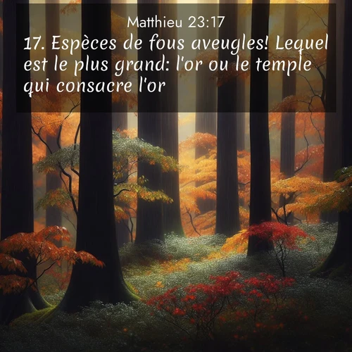 Segond21 Évangile selon Matthieu  ; image nature: image avec le verset biblique :Espèces de fous aveugles! Lequel est le plus grand: l&#039;or ou le temple qui consacre l&#039;or? ;  ; 23:17