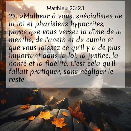 Segond21 Évangile selon Matthieu  ; image nature: image avec le verset biblique :»Malheur à vous, spécialistes de la loi et pharisiens hypocrites, parce que vous versez la dîme de la menthe, de l&#039;aneth et du cumin et que vous laissez ce qu&#039;il y a de plus important dans la loi: la justice, la bonté et la fidélité. C&#039;est cela qu&#039;il fallait pratiquer, sans négliger le reste. ;  ; 23:23