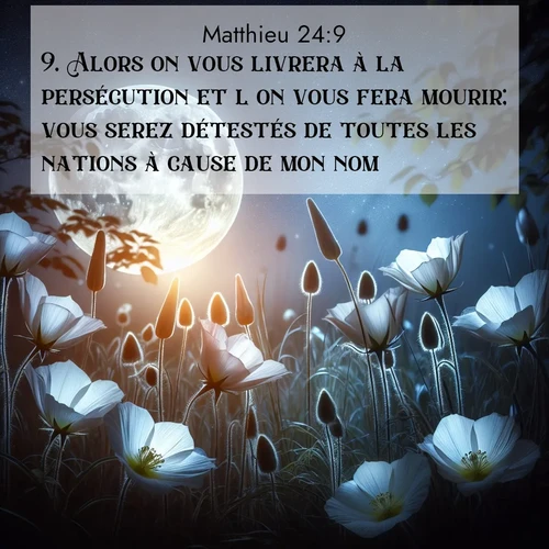 Segond21 Évangile selon Matthieu  ; image nature: image avec le verset biblique :Alors on vous livrera à la persécution et l&#039;on vous fera mourir; vous serez détestés de toutes les nations à cause de mon nom. ;  ; 24:9