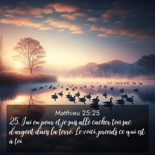 Segond21 Évangile selon Matthieu  ; image nature: image avec le verset biblique :J&#039;ai eu peur et je suis allé cacher ton sac d&#039;argent dans la terre. Le voici, prends ce qui est à toi.&#039; ;  ; 25:25