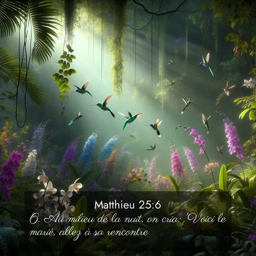 Segond21 Évangile selon Matthieu  ; image nature: image avec le verset biblique :Au milieu de la nuit, on cria: &#039;Voici le marié, allez à sa rencontre!&#039; ;  ; 25:6