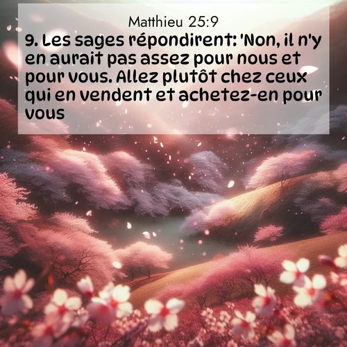 Segond21 Évangile selon Matthieu  ; image nature: image avec le verset biblique :Les sages répondirent: &#039;Non, il n&#039;y en aurait pas assez pour nous et pour vous. Allez plutôt chez ceux qui en vendent et achetez-en pour vous.&#039; ;  ; 25:9