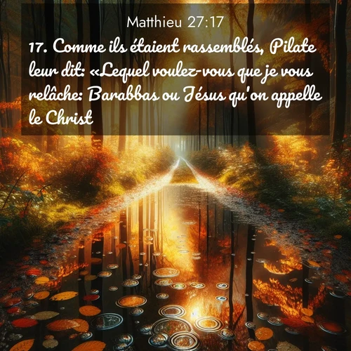 Segond21 Évangile selon Matthieu  ; image nature: image avec le verset biblique :Comme ils étaient rassemblés, Pilate leur dit: «Lequel voulez-vous que je vous relâche: Barabbas ou Jésus qu&#039;on appelle le Christ?» ;  ; 27:17