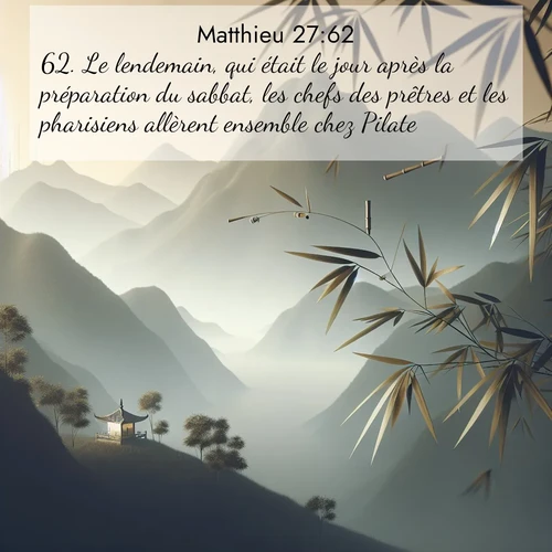 Segond21 Évangile selon Matthieu  ; image nature: image avec le verset biblique :Le lendemain, qui était le jour après la préparation du sabbat, les chefs des prêtres et les pharisiens allèrent ensemble chez Pilate ;  ; 27:62
