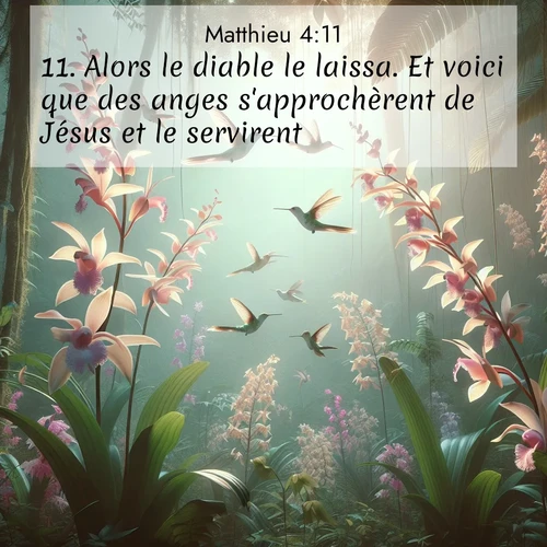 Segond21 Évangile selon Matthieu  ; image nature: image avec le verset biblique :Alors le diable le laissa. Et voici que des anges s&#039;approchèrent de Jésus et le servirent. ;  ; 4:11