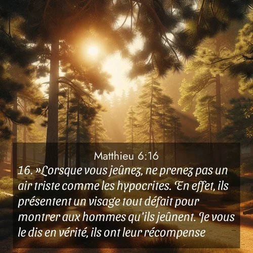 Segond21 Évangile selon Matthieu  ; image nature: image avec le verset biblique :»Lorsque vous jeûnez, ne prenez pas un air triste comme les hypocrites. En effet, ils présentent un visage tout défait pour montrer aux hommes qu&#039;ils jeûnent. Je vous le dis en vérité, ils ont leur récompense. ;  ; 6:16