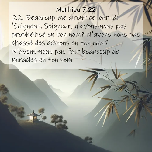 Segond21 Évangile selon Matthieu  ; image nature: image avec le verset biblique :Beaucoup me diront ce jour-là: &#039;Seigneur, Seigneur, n&#039;avons-nous pas prophétisé en ton nom? N&#039;avons-nous pas chassé des démons en ton nom? N&#039;avons-nous pas fait beaucoup de miracles en ton nom?&#039; ;  ; 7:22