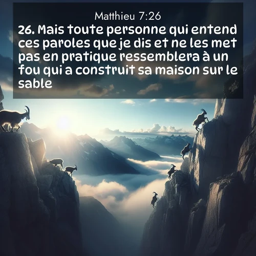 Segond21 Évangile selon Matthieu  ; image nature: image avec le verset biblique :Mais toute personne qui entend ces paroles que je dis et ne les met pas en pratique ressemblera à un fou qui a construit sa maison sur le sable. ;  ; 7:26