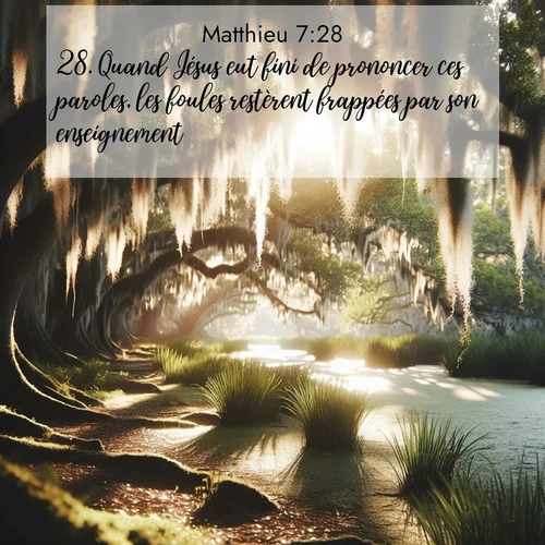 Segond21 Évangile selon Matthieu  ; image nature: image avec le verset biblique :Quand Jésus eut fini de prononcer ces paroles, les foules restèrent frappées par son enseignement, ;  ; 7:28