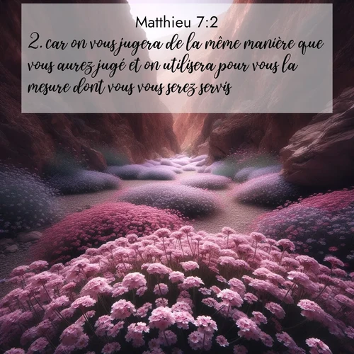 Segond21 Évangile selon Matthieu  ; image nature: image avec le verset biblique :car on vous jugera de la même manière que vous aurez jugé et on utilisera pour vous la mesure dont vous vous serez servis. ;  ; 7:2